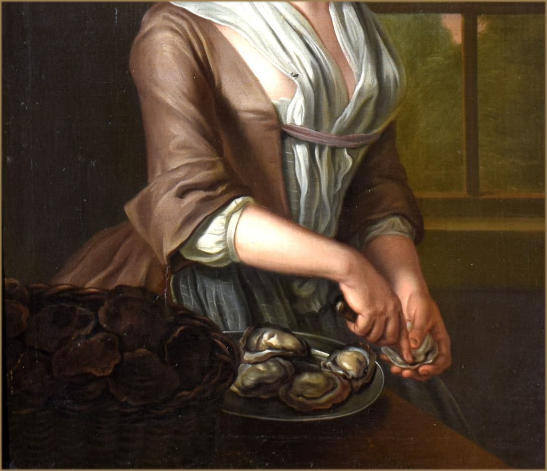 Painting of Colonial Woman Shucking Oysters Framed top Home Cooking